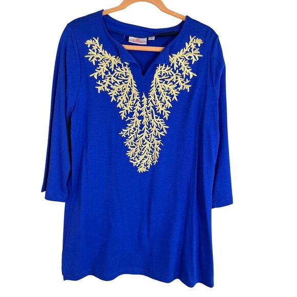 Quacker Factory Top Women M Blue Tunic Metallic Floral Coastal Preppy Classic - Picture 1 of 11